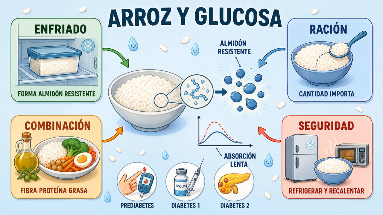 Enfriado, ración, combinación y seguridad condicionan el efecto glucémico del arroz.
