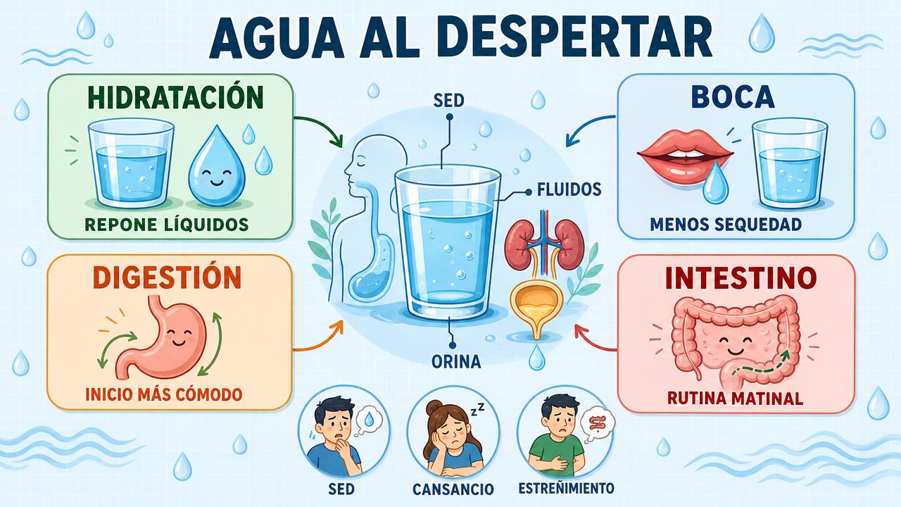 Hidratación, boca, digestión e intestino resumen los efectos del agua matinal.