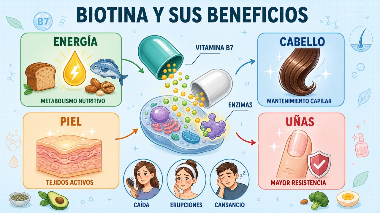 Infografía sobre biotina, metabolismo energético y mantenimiento de cabello, piel y uñas.