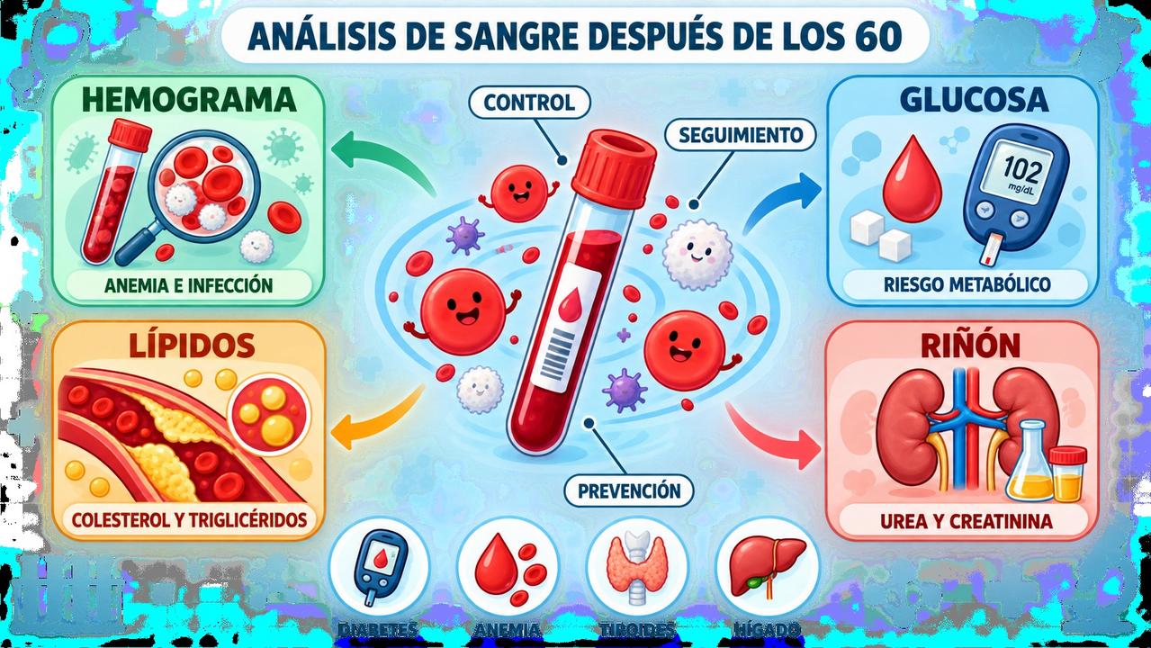Hemograma, glucosa, lípidos y riñón orientan el seguimiento analítico a esta edad.