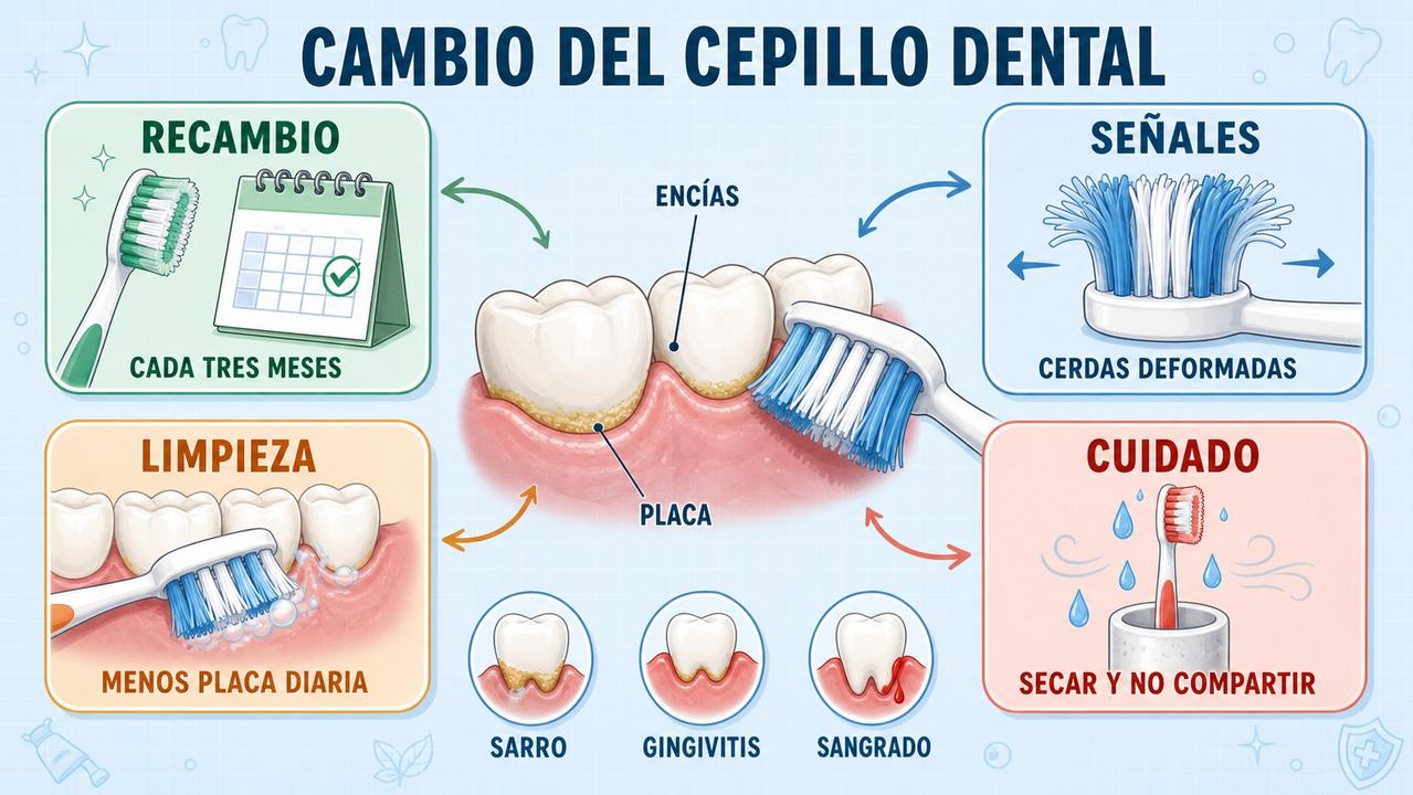 Recambio, desgaste, limpieza y cuidado diario para proteger encías y dientes.