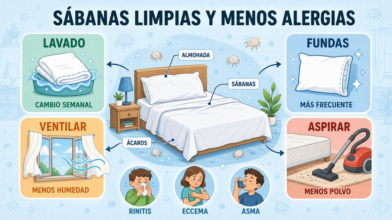 Lavado, fundas, ventilación y aspirado reducen polvo, humedad y alérgenos.