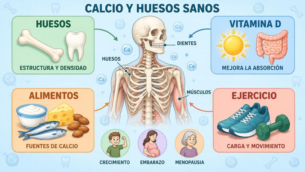 Huesos, vitamina D, alimentos y ejercicio sostienen una buena salud ósea.