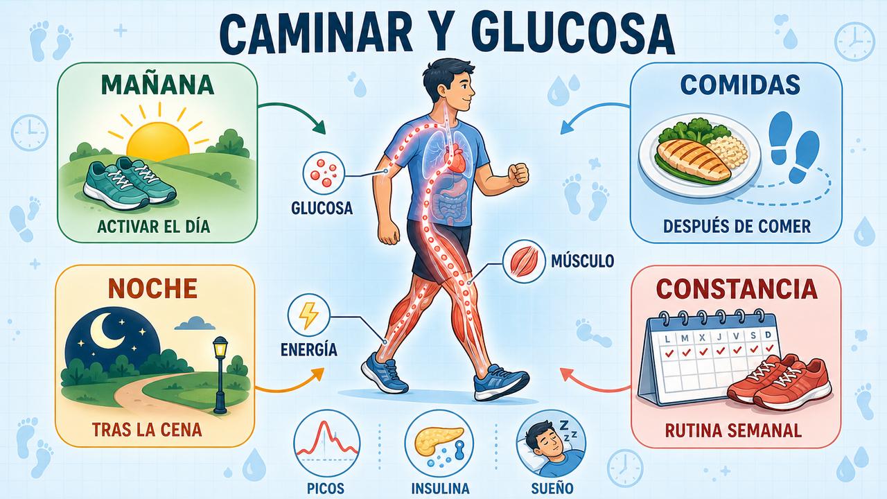 Mañana, comidas, noche y constancia influyen en la glucosa al caminar.
