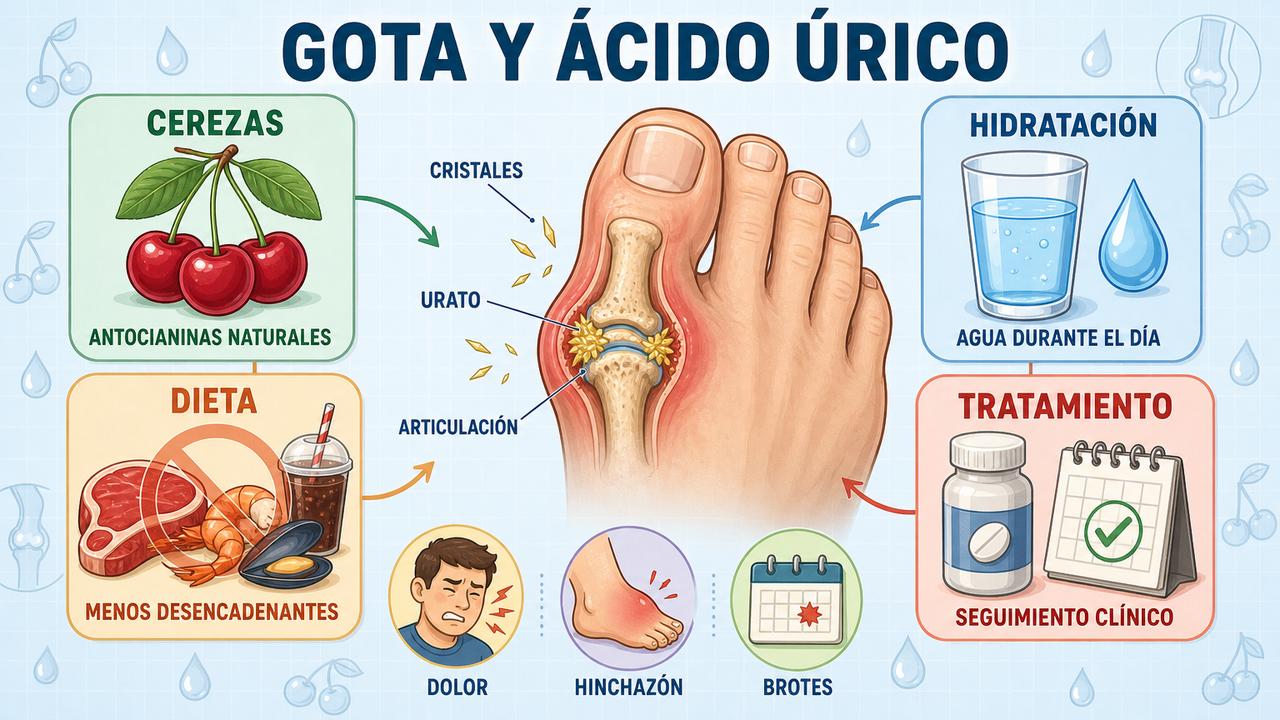 Cerezas, hidratación, dieta y tratamiento orientan el control del ácido úrico.