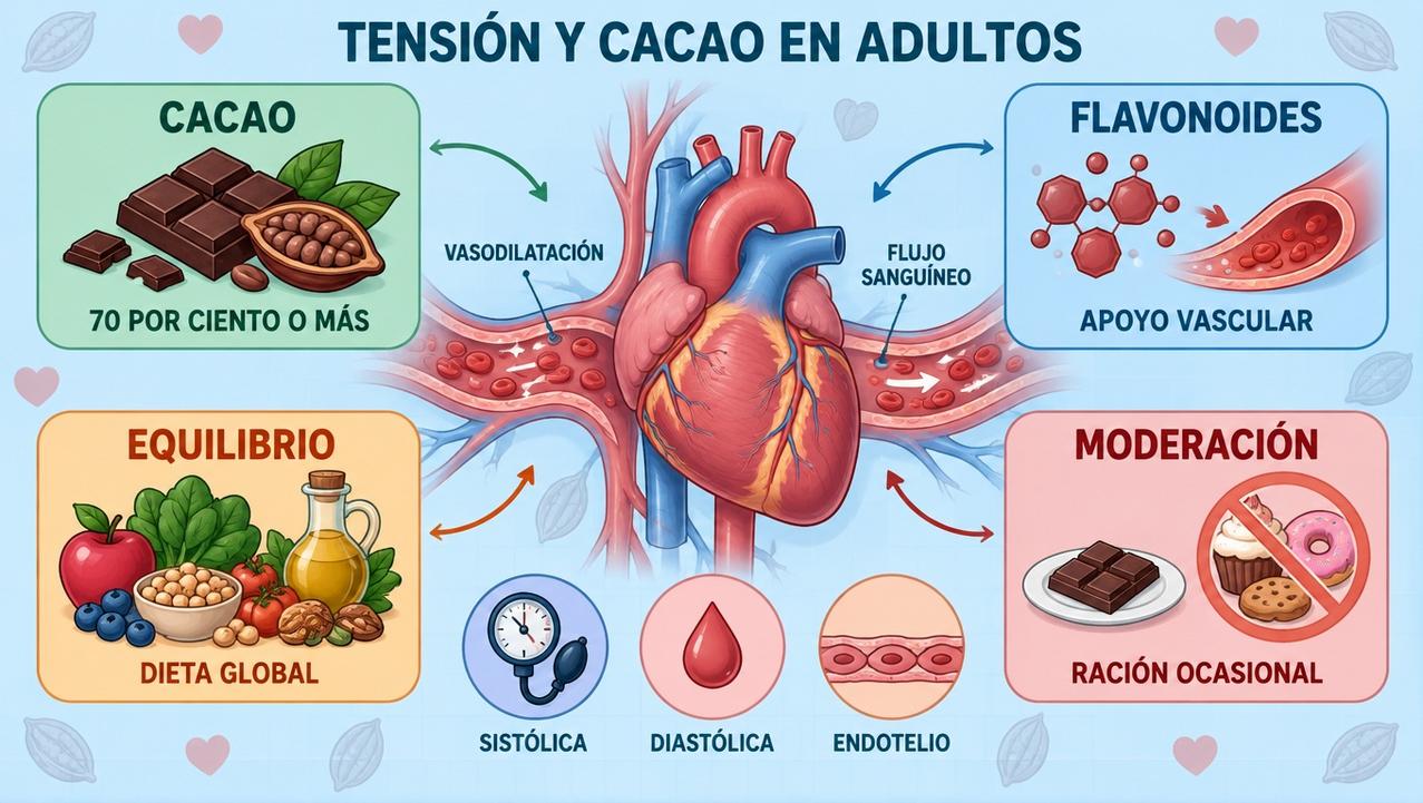 Cacao, flavonoides, equilibrio dietético y moderación resumen su posible efecto vascular.