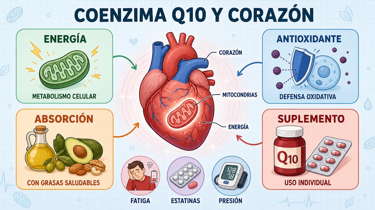Energía, acción antioxidante, absorción y uso individualizado resumen la coenzima Q10.