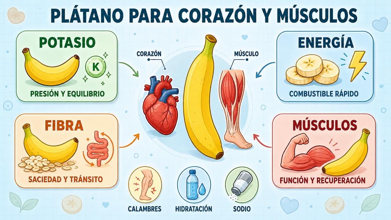Potasio, energía, fibra y función muscular resumen los beneficios del plátano.
