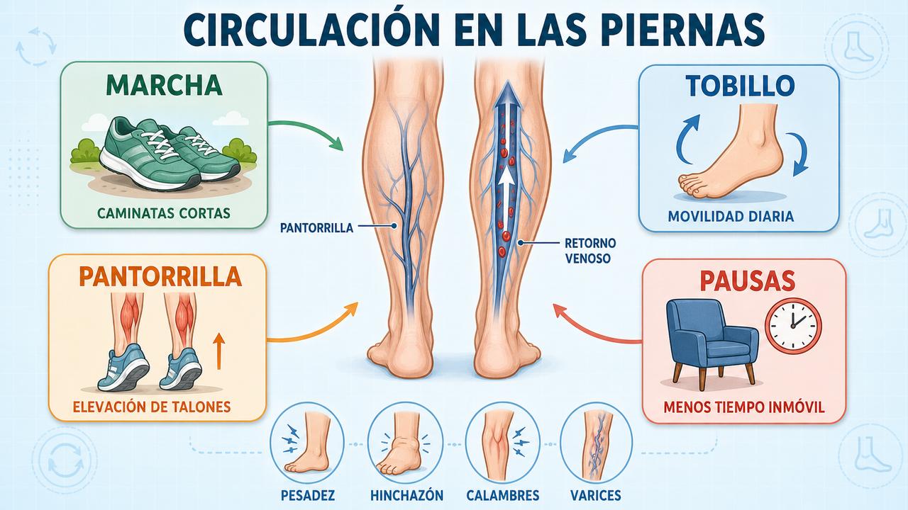 Marcha, movilidad, pantorrilla y pausas activas mejoran la circulación en piernas.