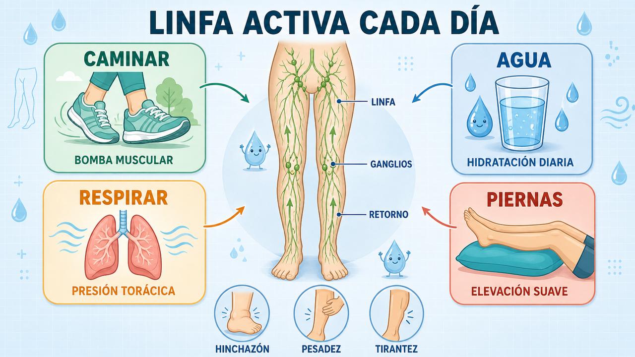 Caminar, hidratarse, respirar y elevar las piernas apoyan el drenaje linfático.