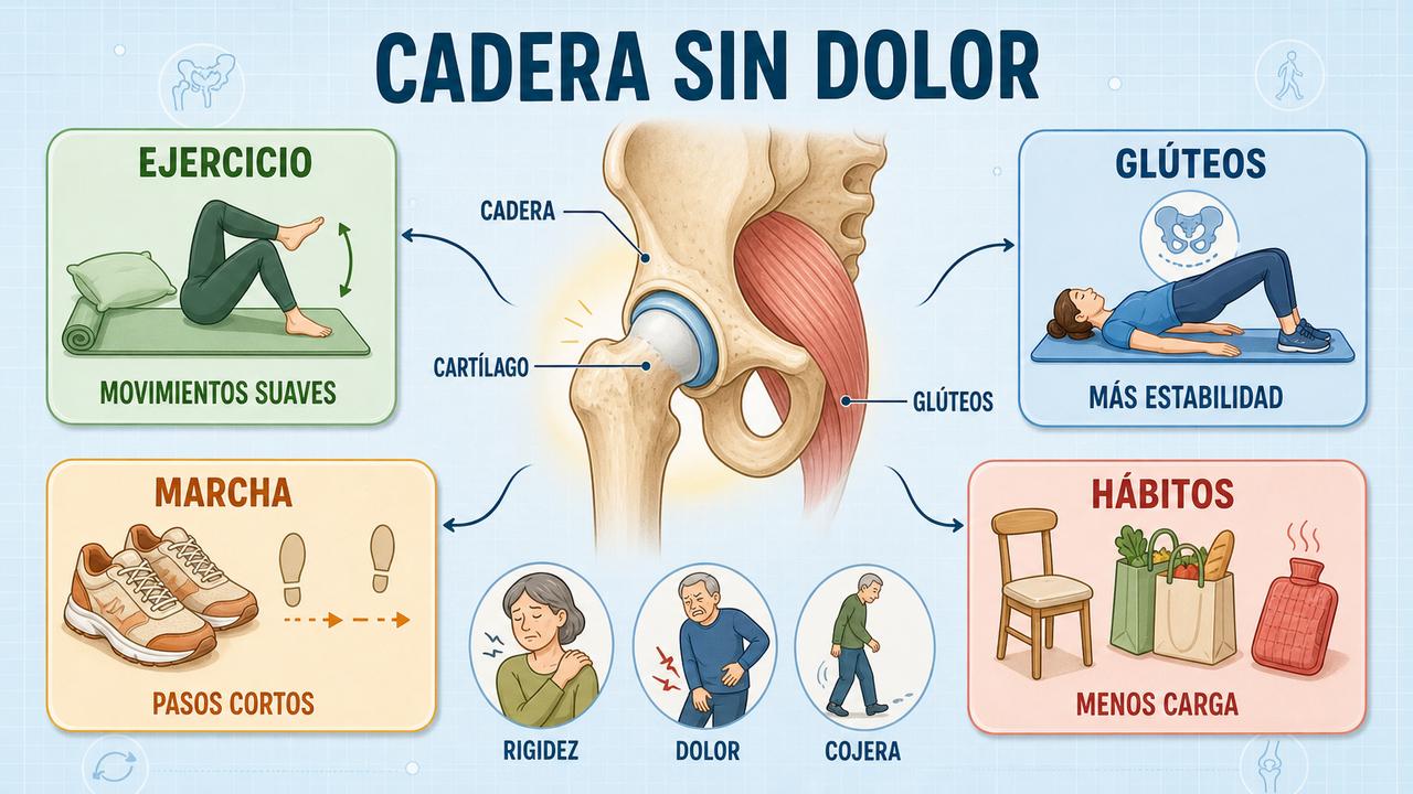 Ejercicio, glúteos, marcha y hábitos ayudan a descargar la cadera.