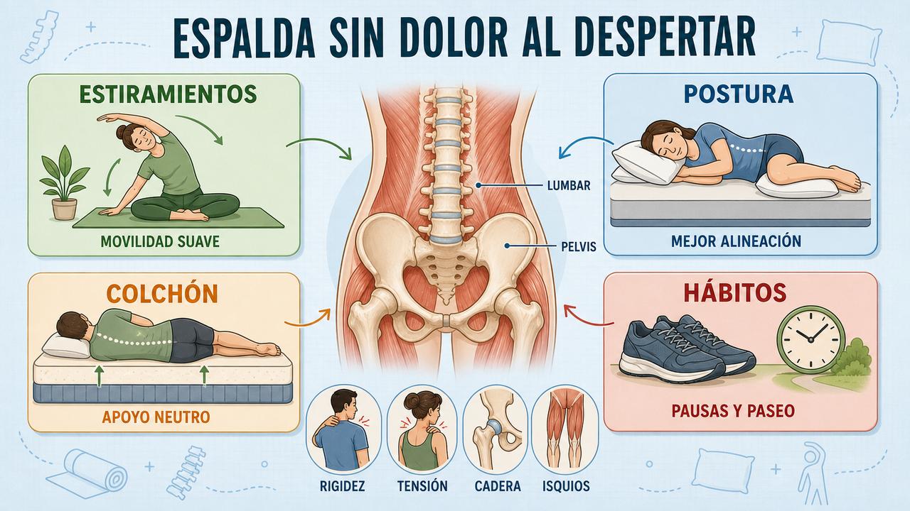 Estiramientos, postura, colchón y hábitos ayudan a reducir el dolor matutino.