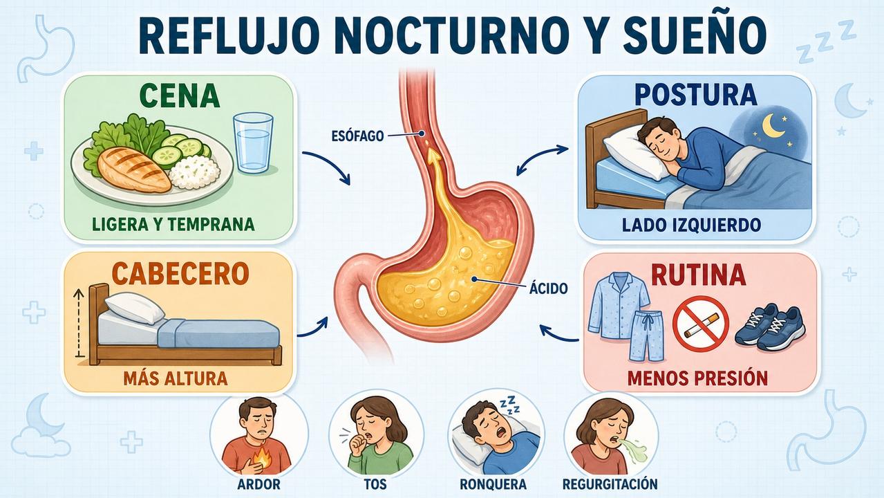 Cena, postura, cabecero y rutina ayudan a reducir el ardor nocturno.