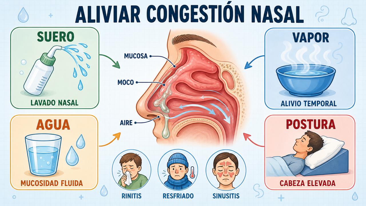 Suero, vapor, agua y postura ayudan a respirar mejor con congestión.