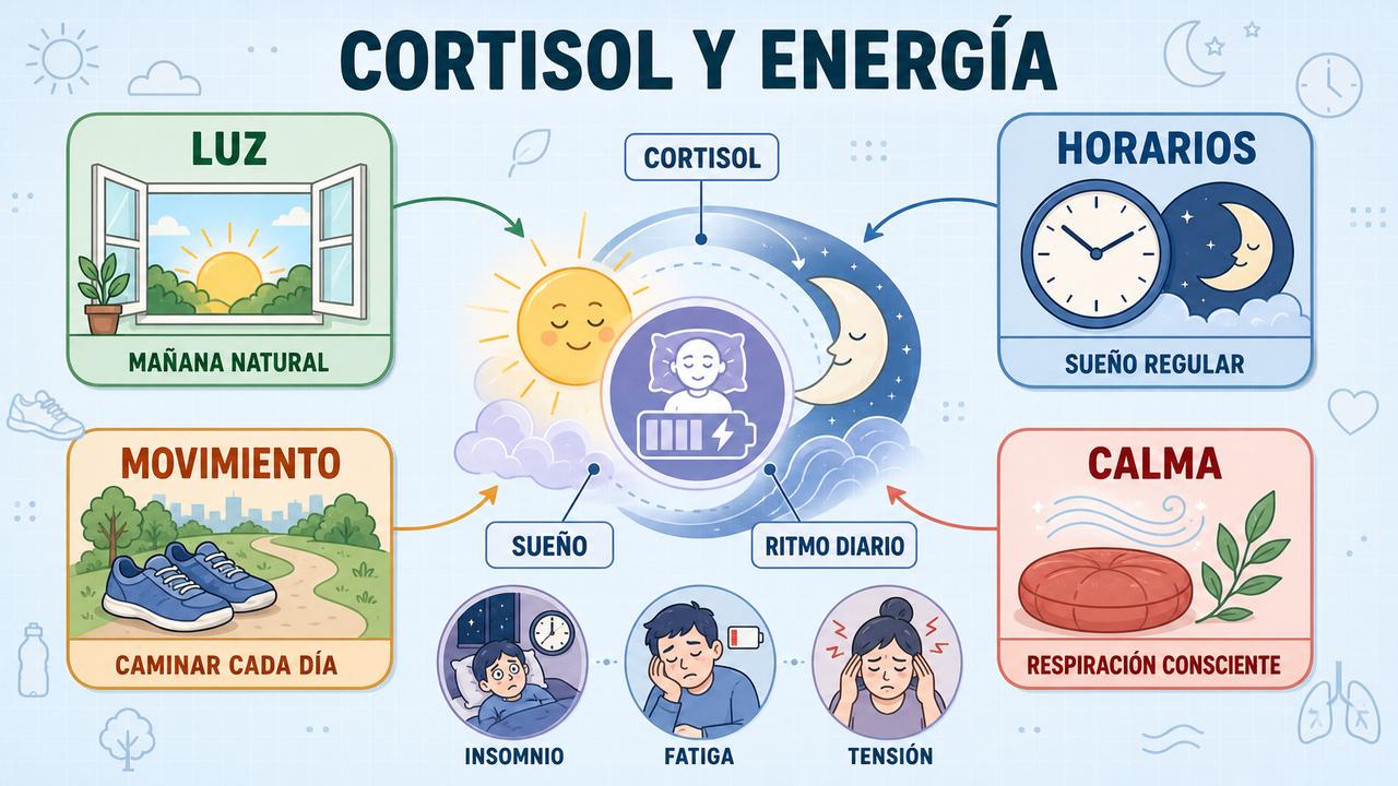 Luz matinal, horarios, movimiento y calma favorecen sueño y energía.