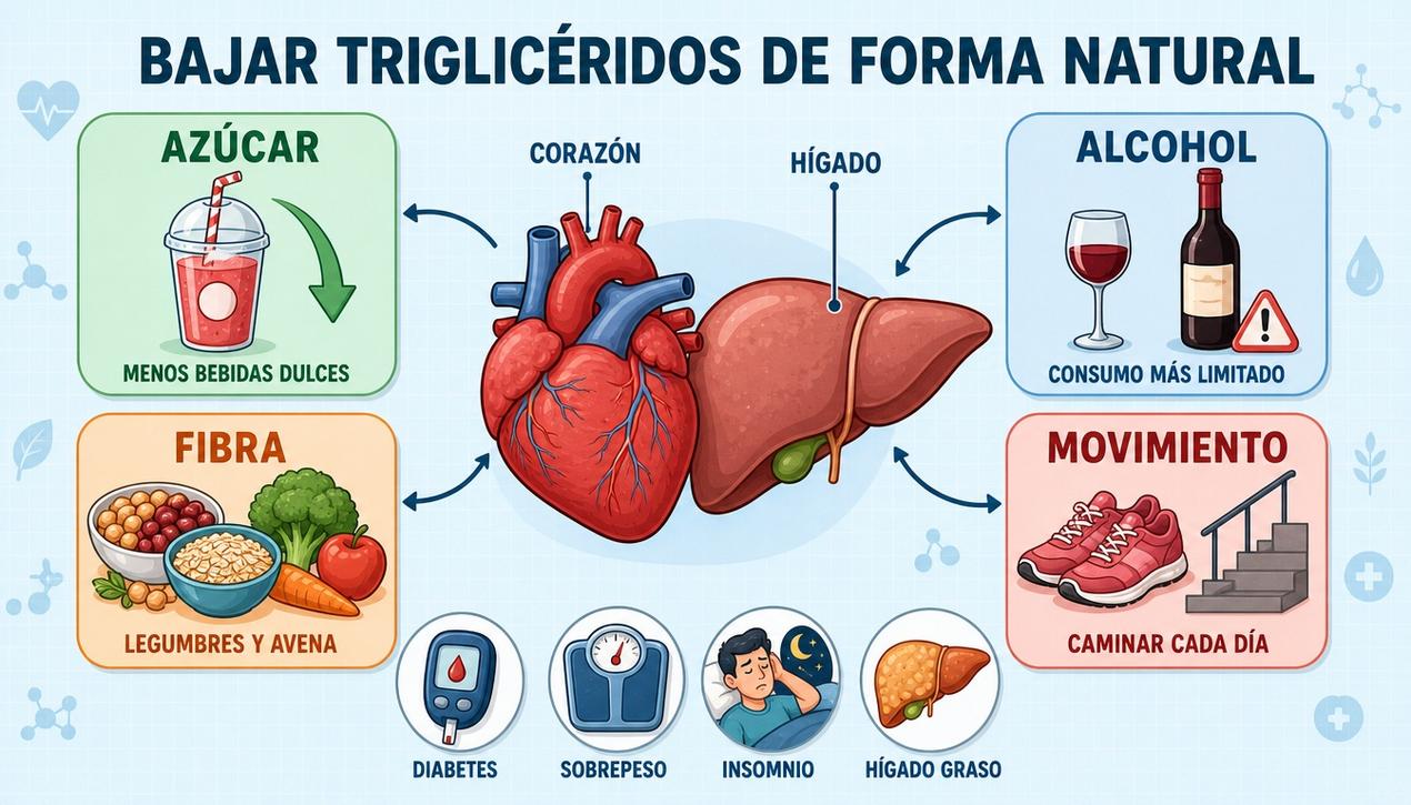 Azúcar, alcohol, fibra y movimiento sostienen el control natural de triglicéridos.