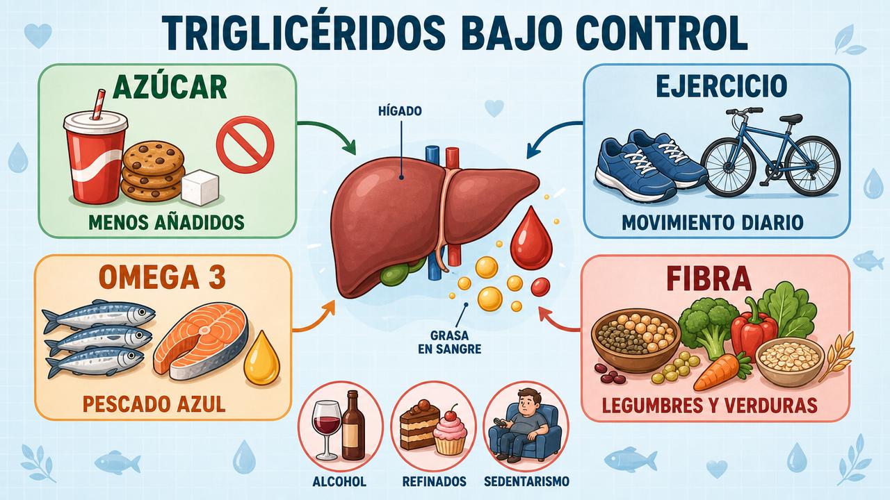 Cuatro pilares clave para controlar triglicéridos con alimentación y movimiento diario.