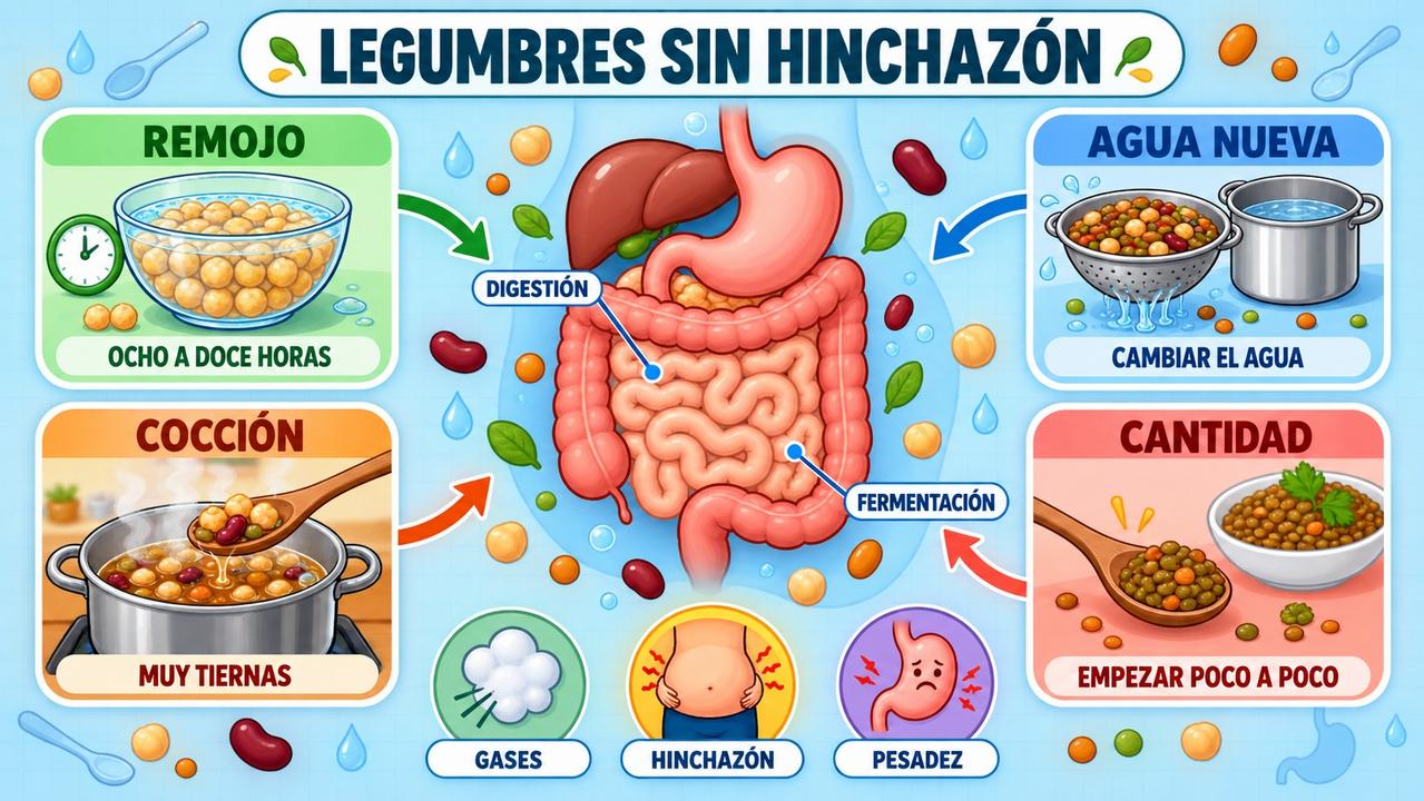Remojo, agua nueva, cocción completa y cantidad moderada mejoran la digestión.