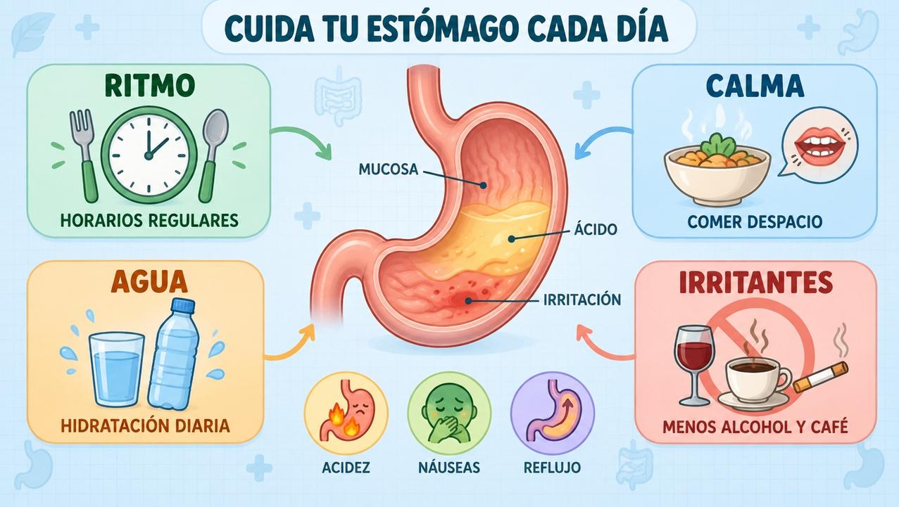 Regularidad, calma, hidratación y menos irritantes favorecen un estómago menos inflamado.