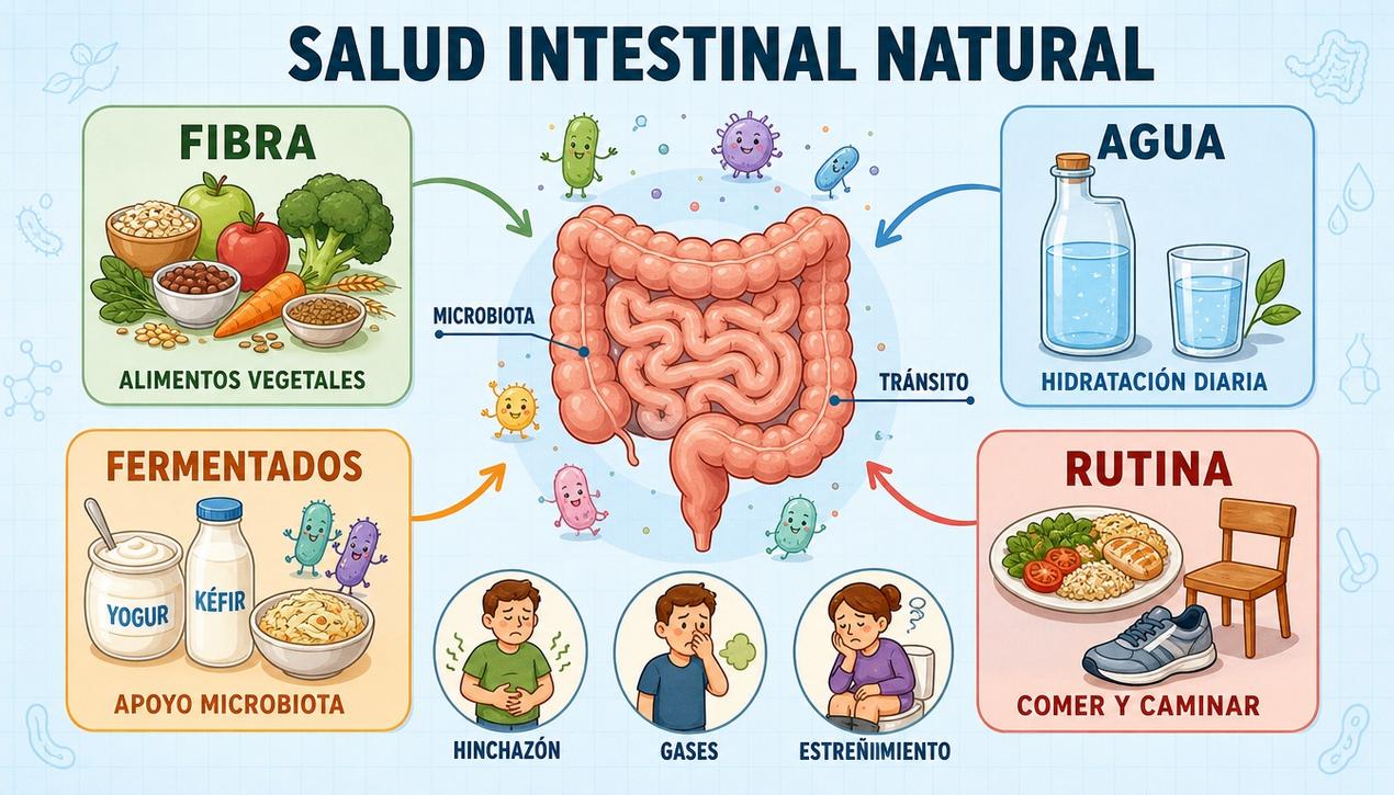 Los pilares intestinales incluyen fibra, hidratación, fermentados y hábitos regulares.