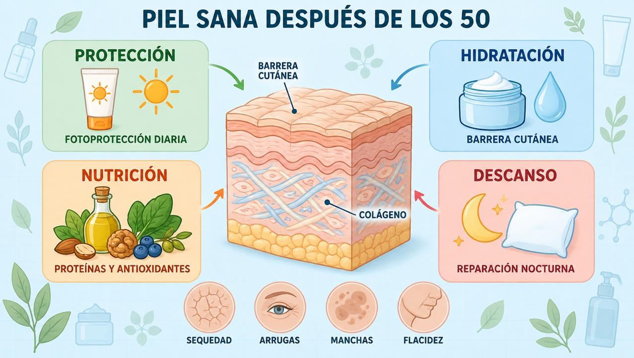 Fotoprotección, hidratación, nutrición y descanso sostienen la piel después de los 50.