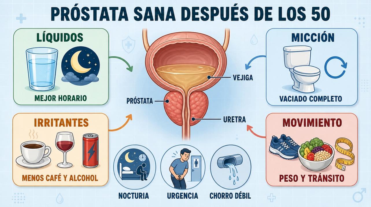 Líquidos, micción, irritantes y movimiento resumen los pilares del cuidado prostático.