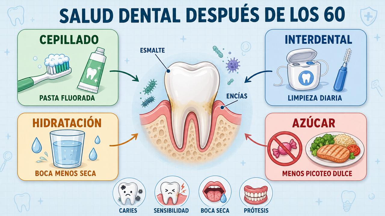 Cepillado, limpieza interdental, hidratación y menos azúcar protegen la salud dental.