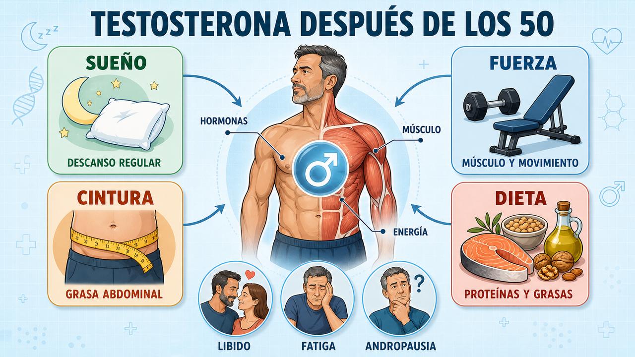 Sueño, fuerza, cintura y dieta sostienen el equilibrio hormonal masculino.