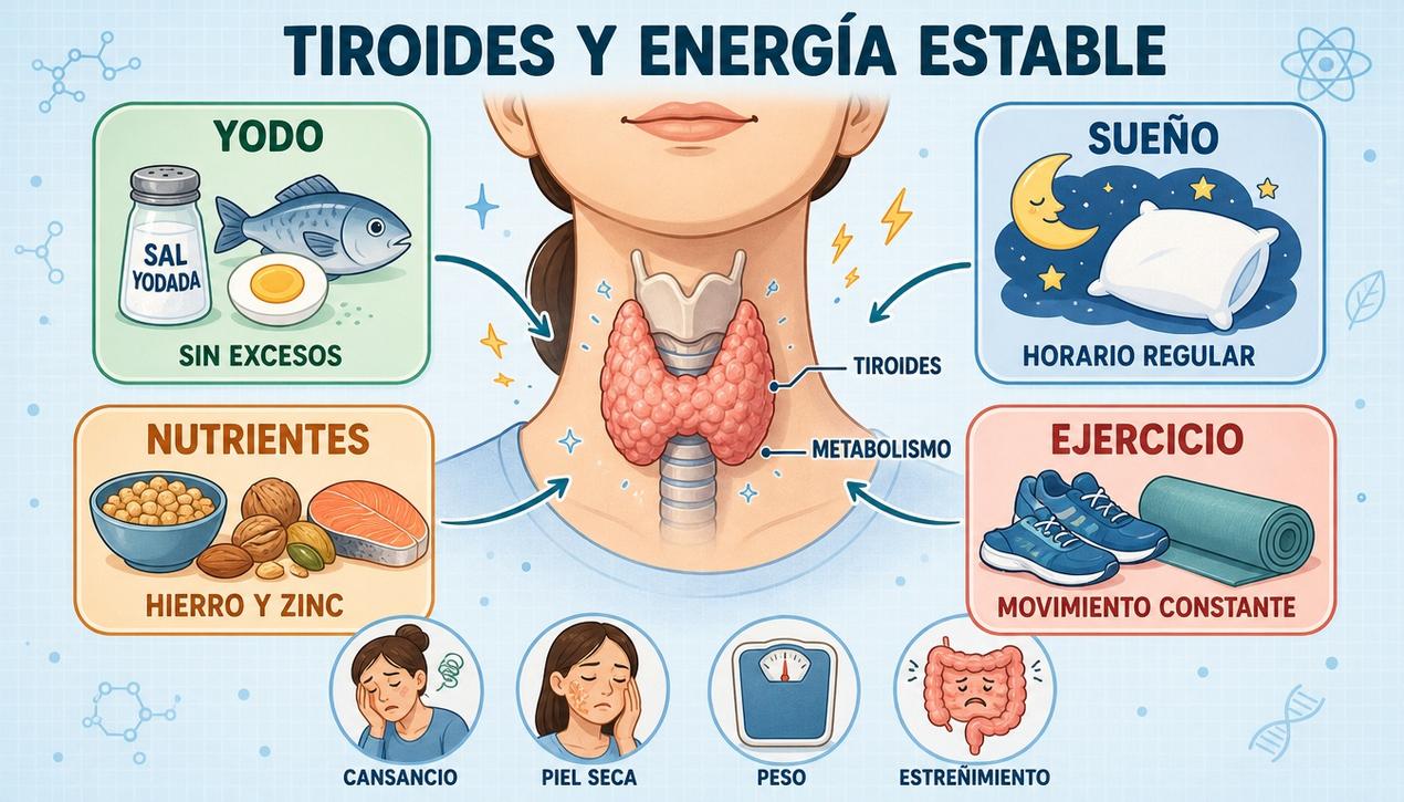 Yodo, sueño, nutrientes y ejercicio apoyan el equilibrio natural de la tiroides.