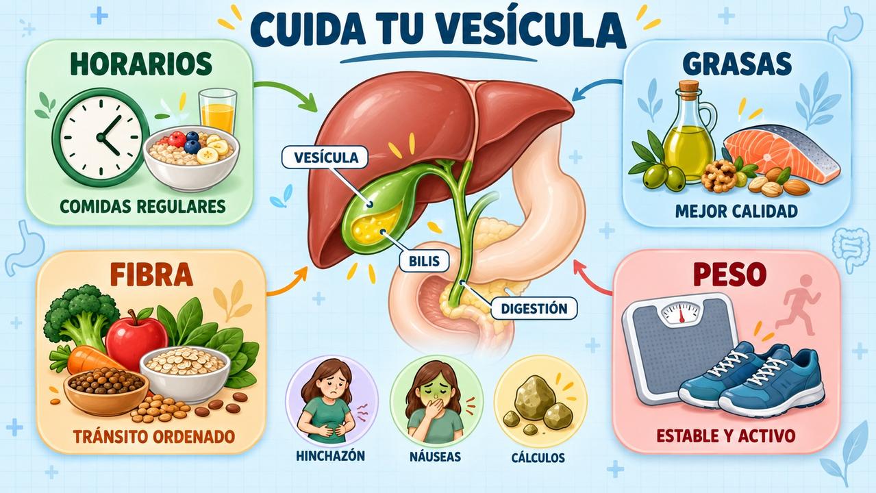 Horarios, grasas saludables, fibra y peso estable protegen la vesícula.