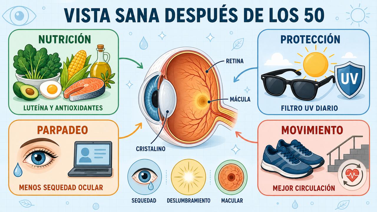 Nutrición, protección UV, parpadeo y movimiento apoyan la salud ocular.