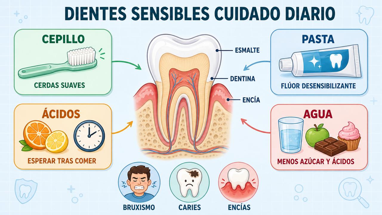Cepillo suave, pasta adecuada, control de ácidos y agua protegen el esmalte.