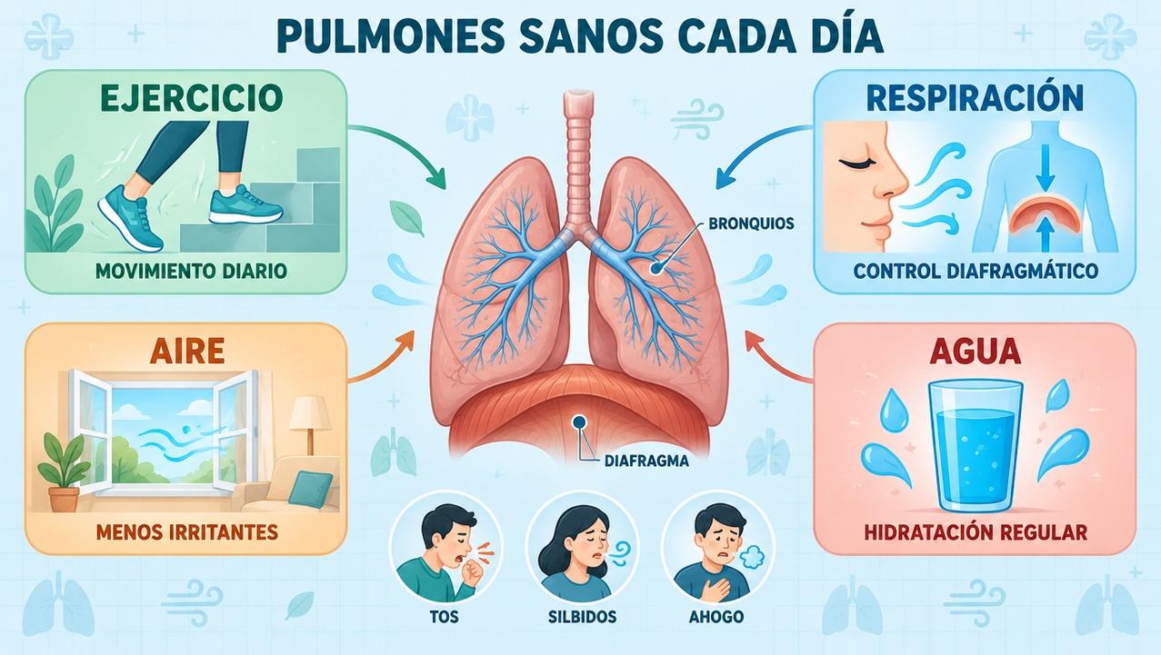 Ejercicio, respiración, aire limpio y agua sostienen una mejor función pulmonar.