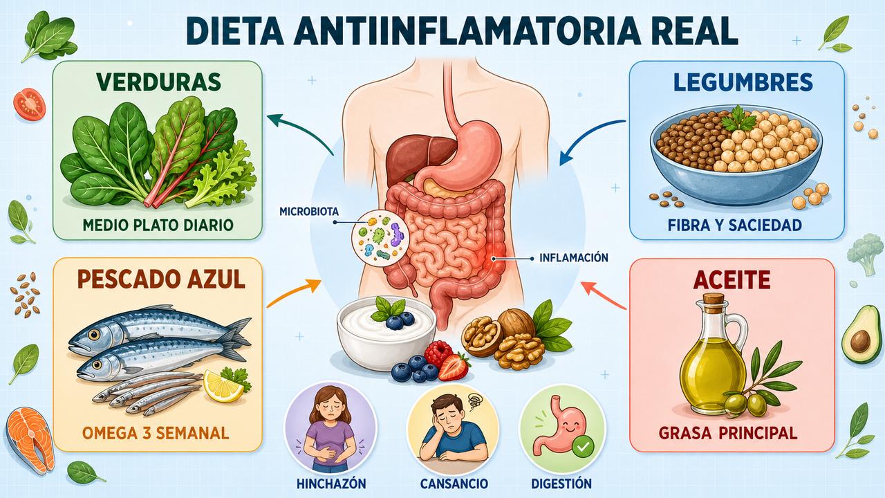 Verduras, legumbres, pescado azul y aceite de oliva sostienen una dieta antiinflamatoria.