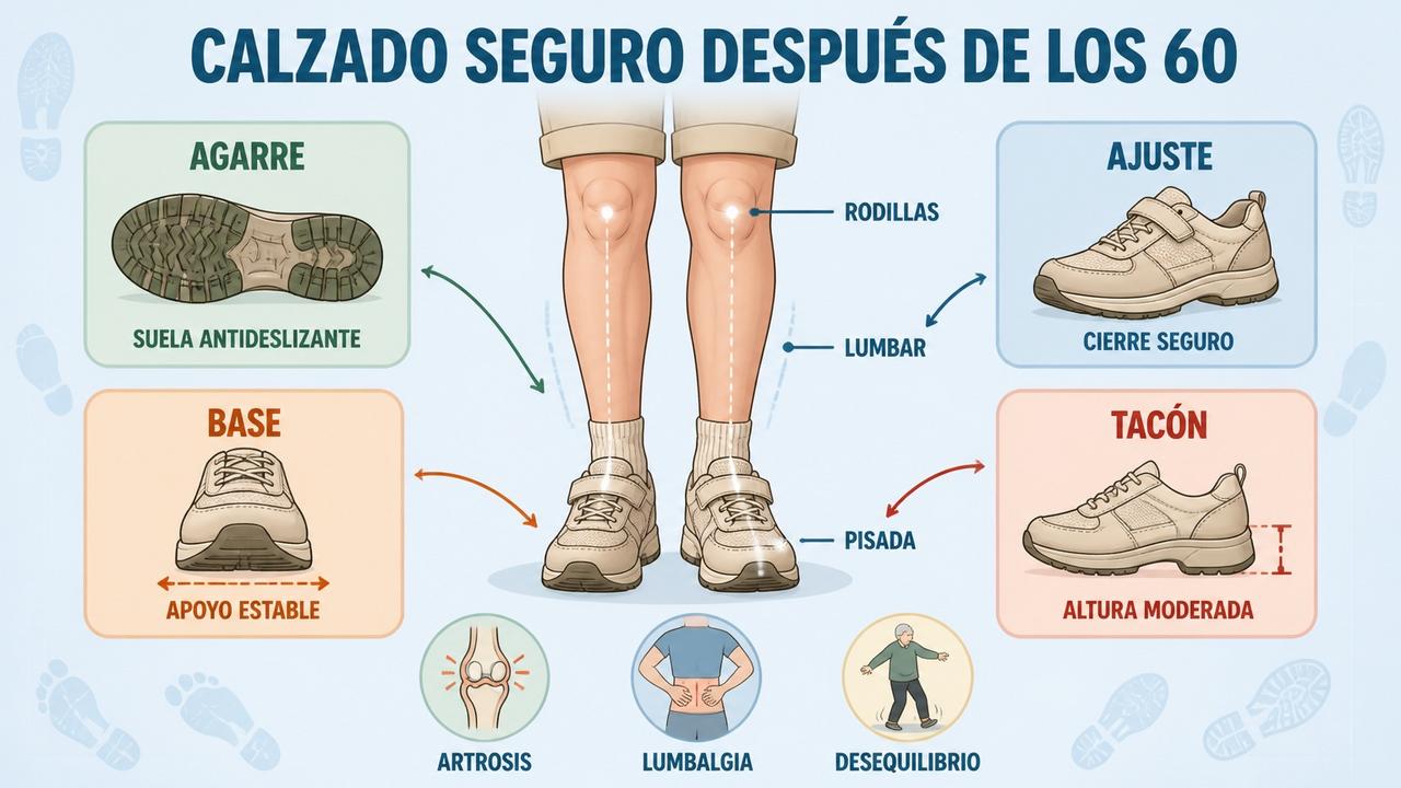 Agarre, ajuste, base y tacón bajo favorecen una marcha más segura.