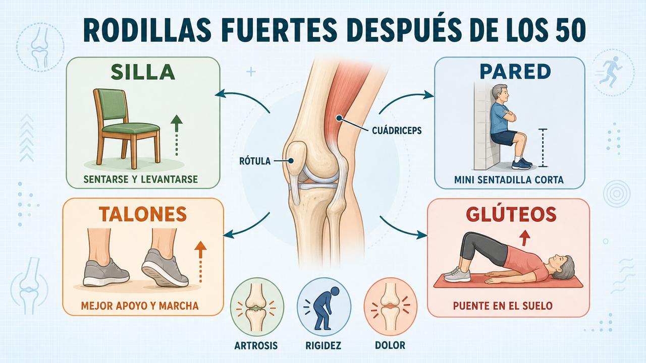 Cuatro pilares visuales para mejorar fuerza, apoyo y estabilidad de rodilla.