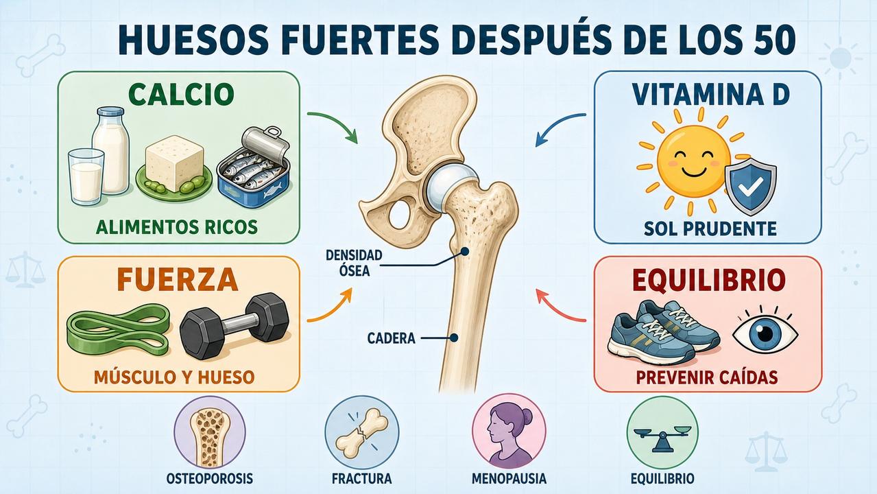 Calcio, vitamina D, fuerza y equilibrio sostienen la salud ósea.
