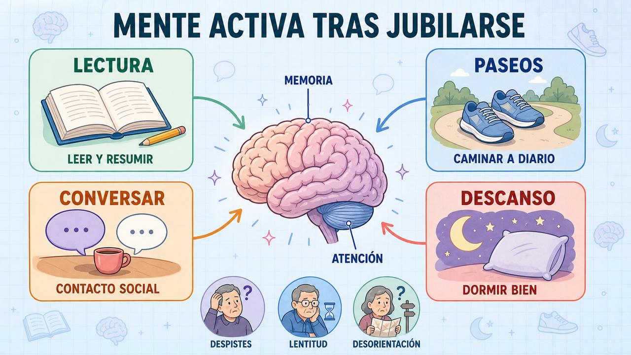 Lectura, paseos, conversación y descanso sostienen la función cognitiva diaria.