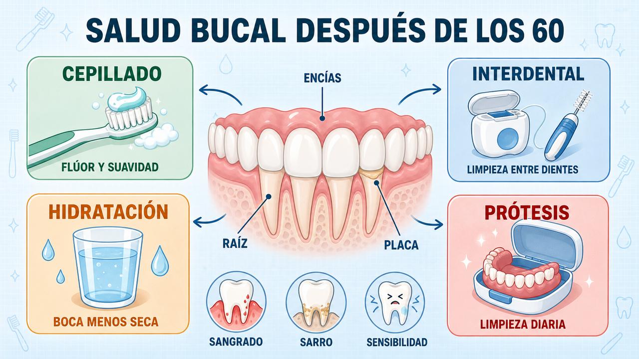 Cepillado, limpieza interdental, hidratación y prótesis limpia sostienen una boca sana.