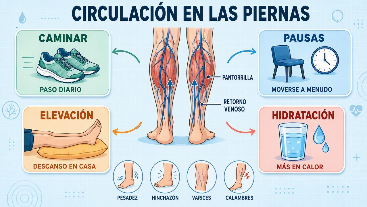 Caminar, pausas, elevación e hidratación favorecen el retorno venoso diario.