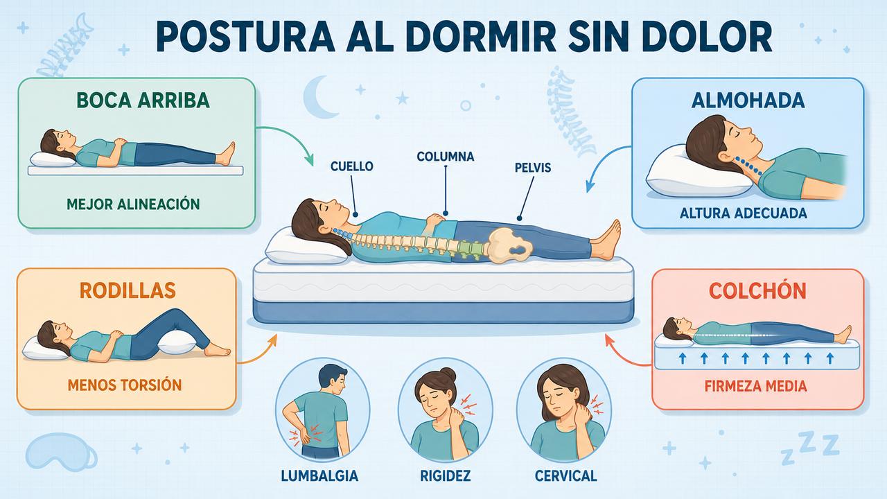 Postura, almohada, apoyo y colchón influyen en la alineación de la espalda.
