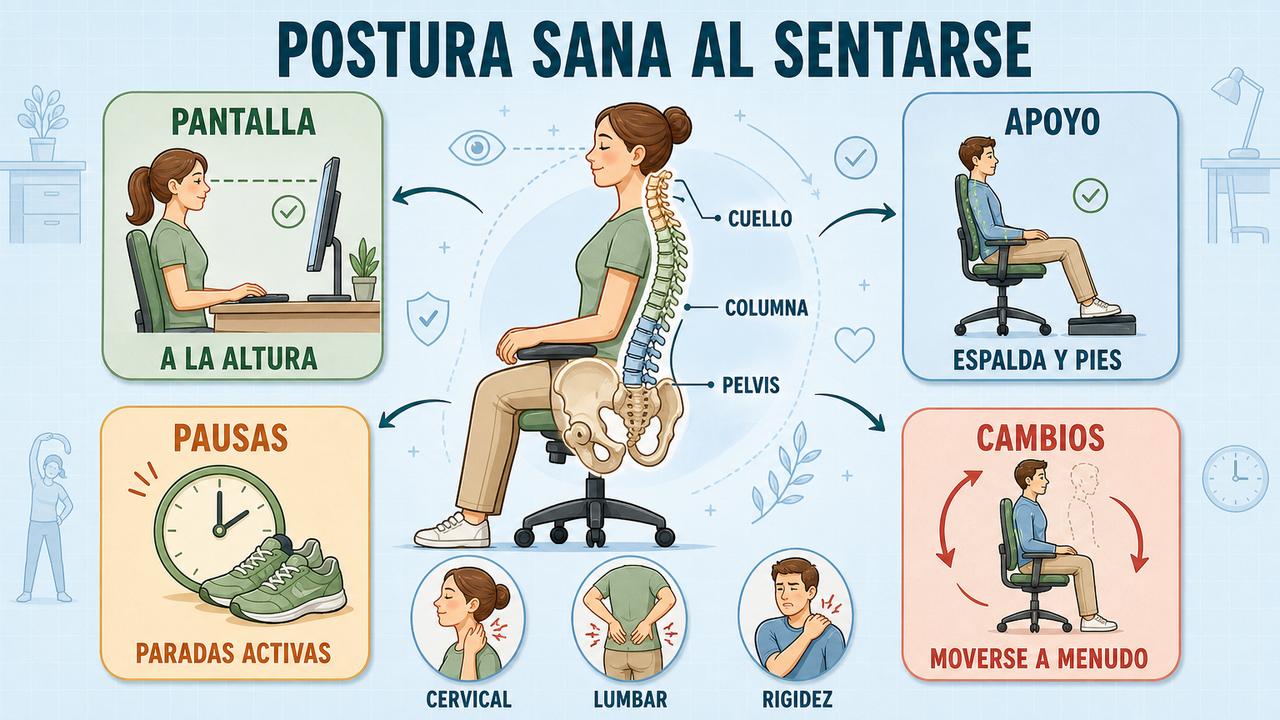 Pantalla, apoyo, pausas y cambios posturales forman los pilares ergonómicos clave.