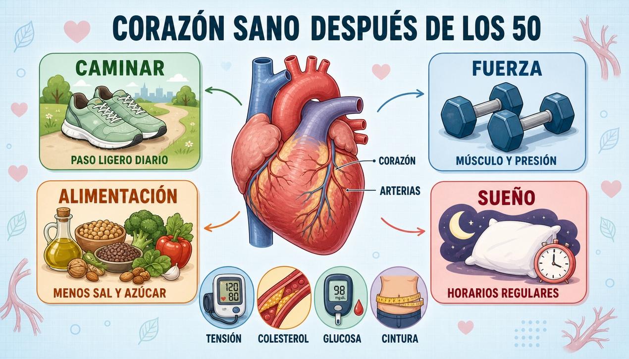 Caminar, fuerza, alimentación y sueño sostienen la salud cardiovascular tras los 50.
