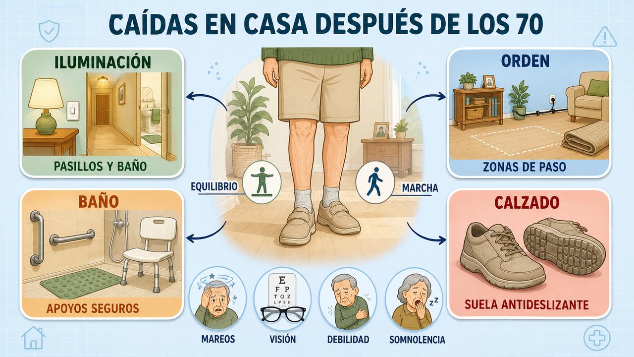Iluminación, orden, baño seguro y calzado estable disminuyen el riesgo diario.