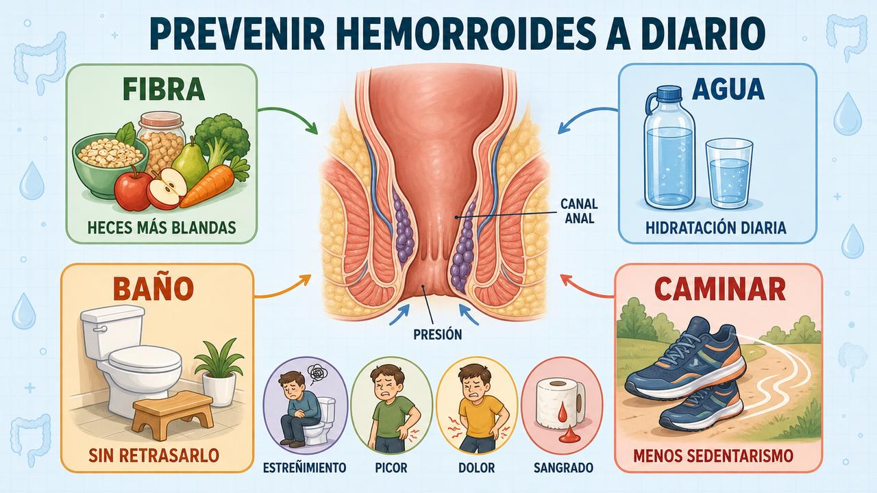 Cuatro hábitos clave para reducir estreñimiento, presión anal y molestias hemorroidales.