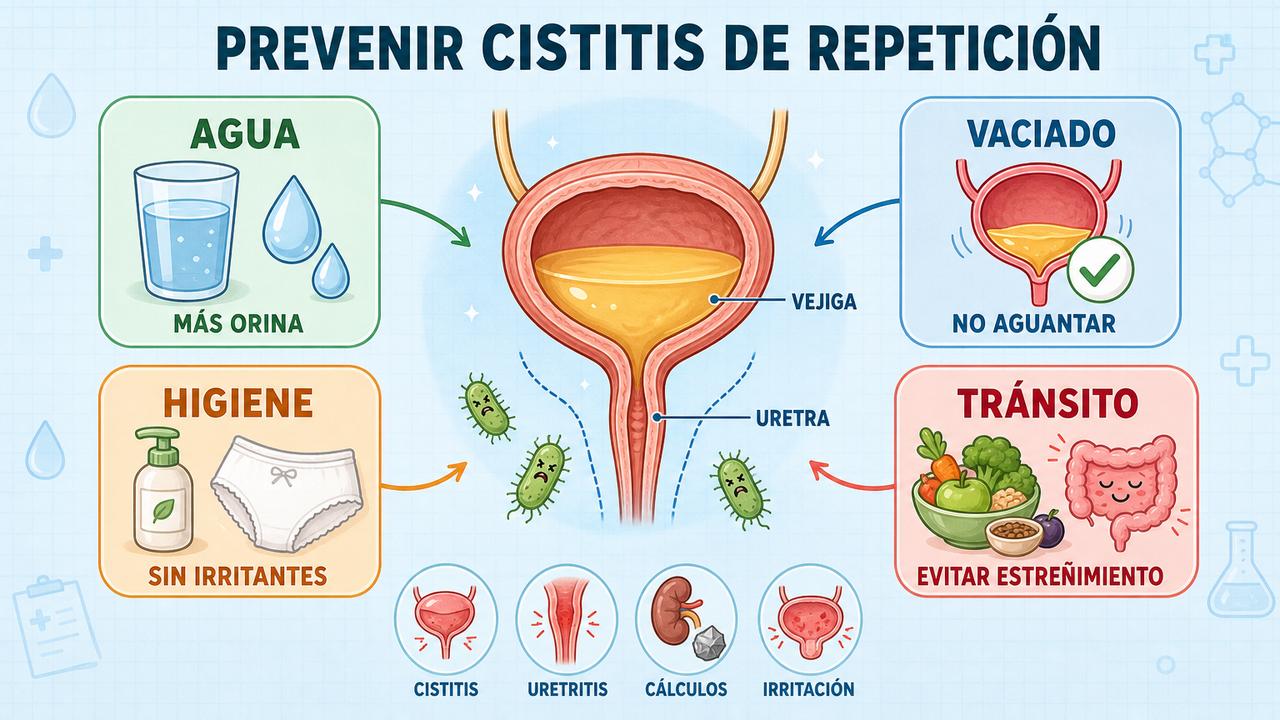 Agua, vaciado, higiene y tránsito intestinal sostienen la prevención diaria.