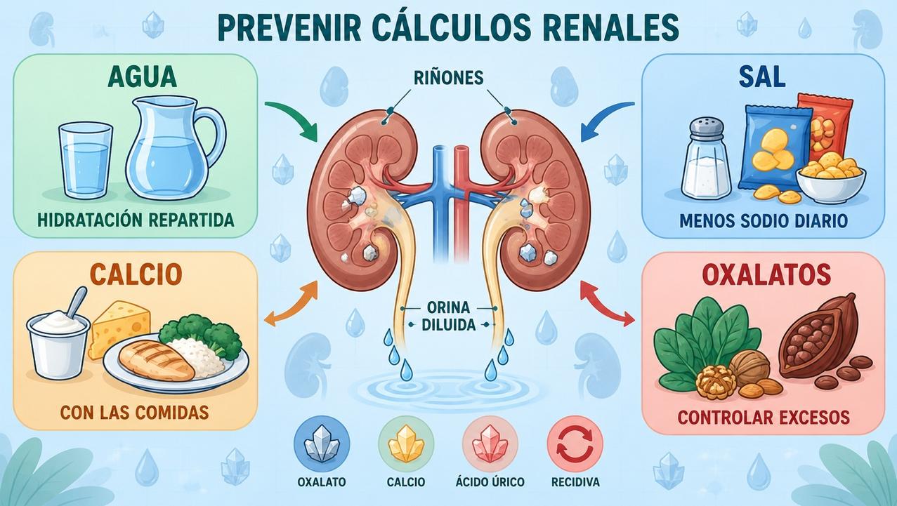 Agua, menos sal, calcio dietético y control de oxalatos como pilares preventivos.