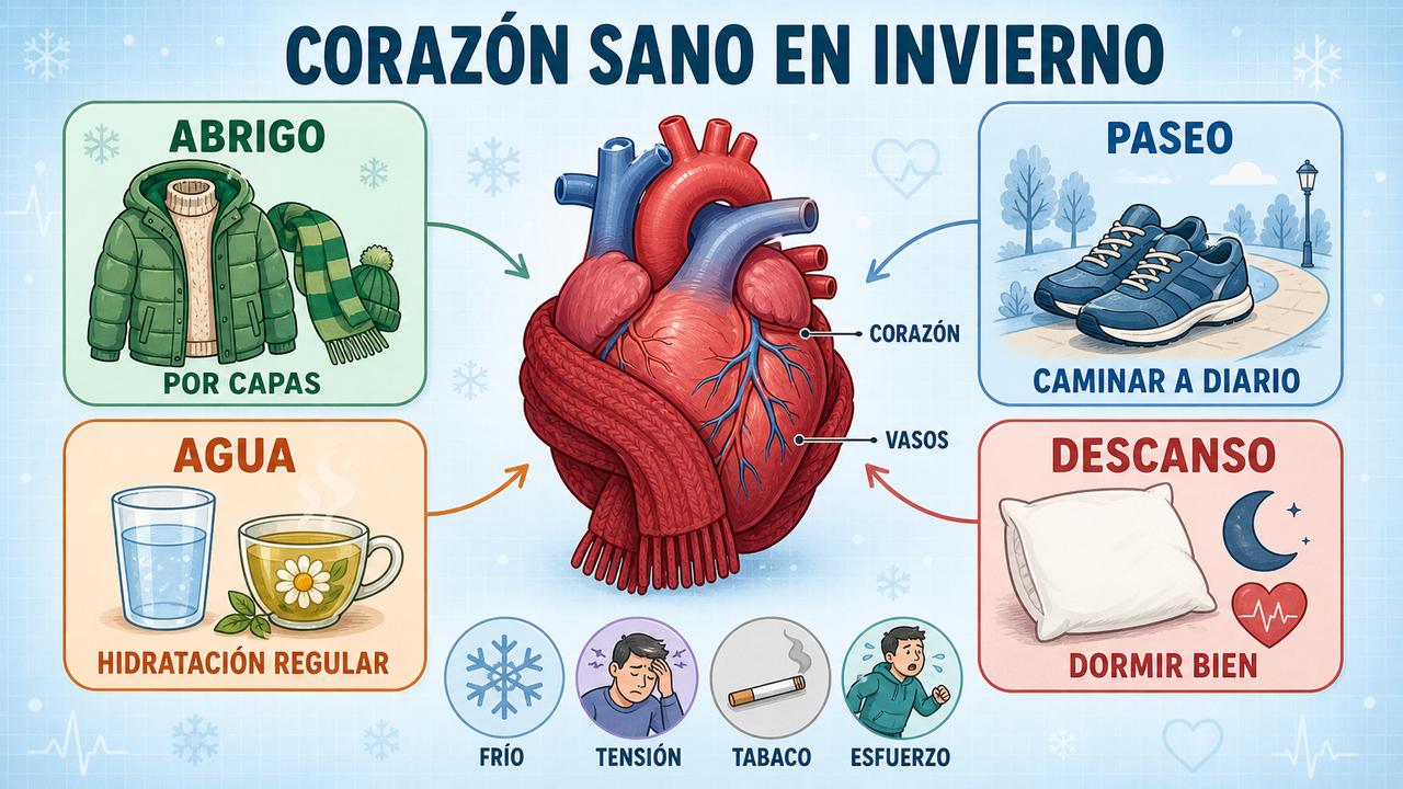 Abrigo, paseo, hidratación y descanso sostienen la salud cardiovascular durante el invierno.