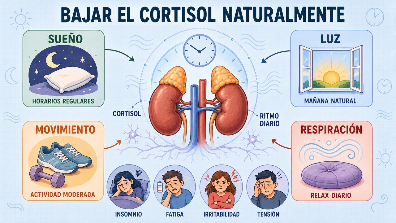 Sueño, luz, movimiento y respiración sostienen un cortisol más estable.