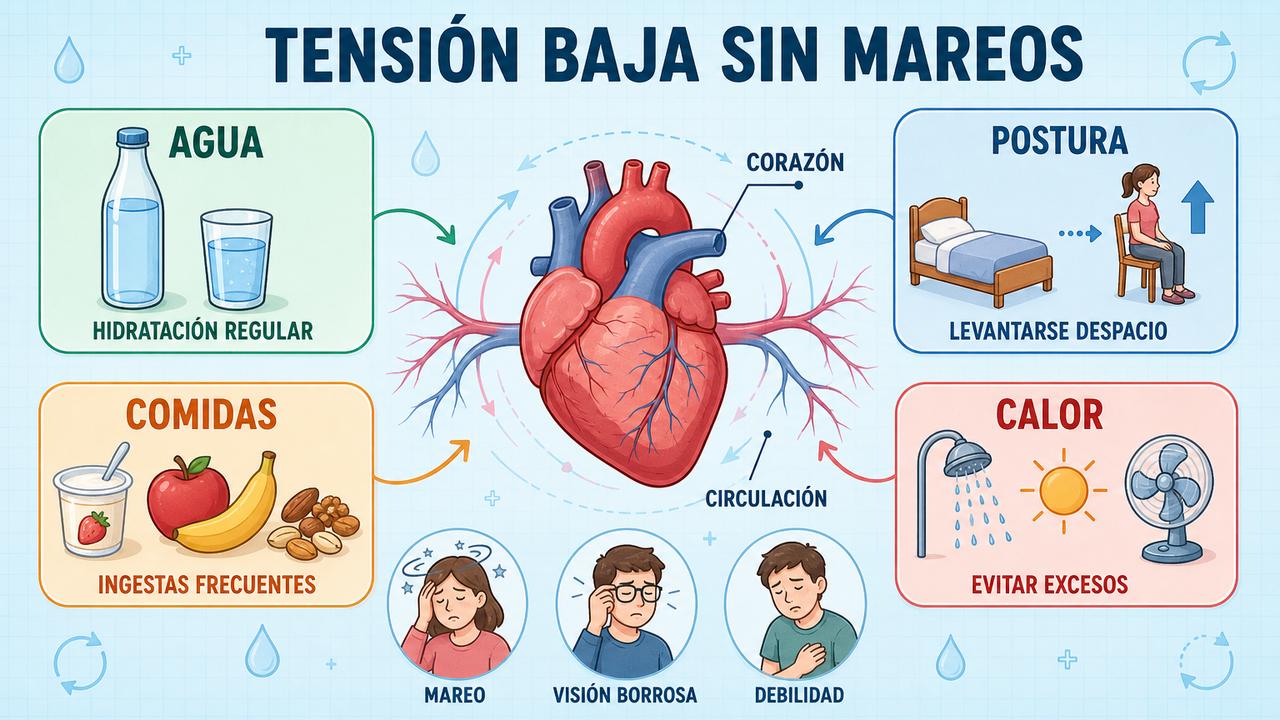 Hidratación, postura, comidas y control del calor ayudan frente a la tensión baja.